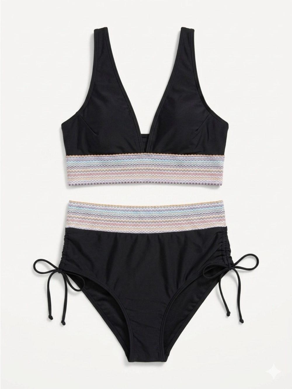 New Black High-Waist Bikini Set Pastel Zigzag Band Ruched Side Boho Colorful L